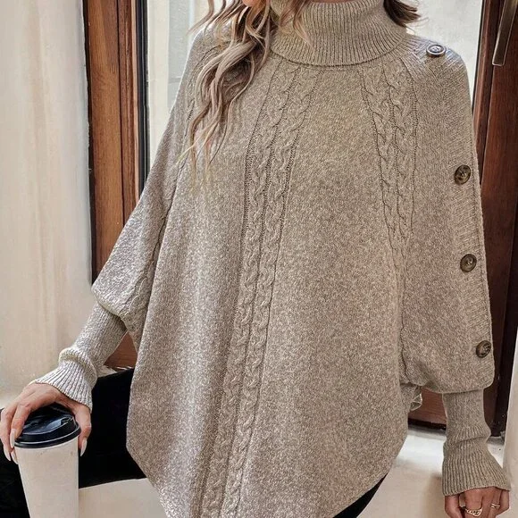 Khaki Casual Women's Turtleneck Batwing Sleeve Button Detail Poncho Sweater top